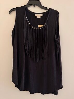 MICHAEL Michael Kors Black Sleeveless Fringe Grommet Tank 2X